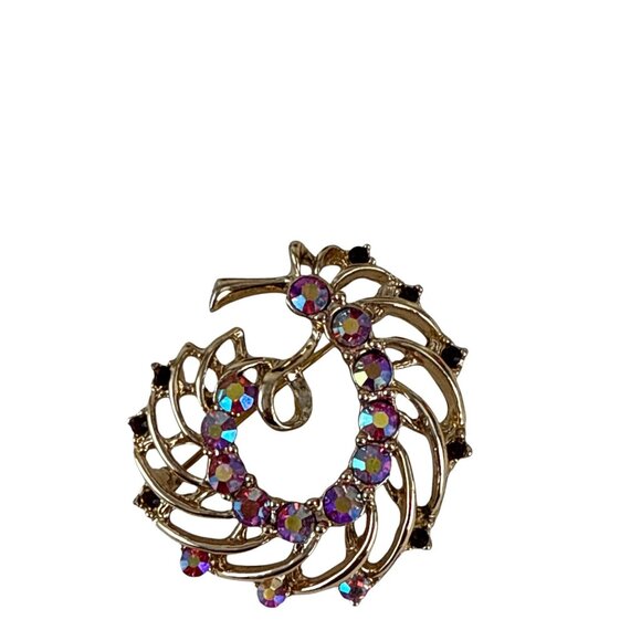 Vintage Gold Swirl Brooch AB Rhinestones Round Aurora Borealis Pin 1.75" - Picture 7 of 8